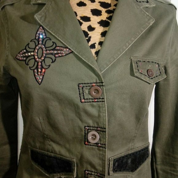 "JADED BY KNIGHT” Army Green Moto Blazer/Black Real LeatherAccents&Crystals M - Picture 2 of 8